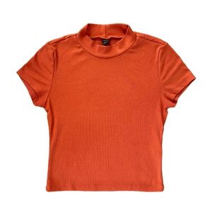 SHEIN Orange Ribbed Mock-Neck Short Sleeved Tee